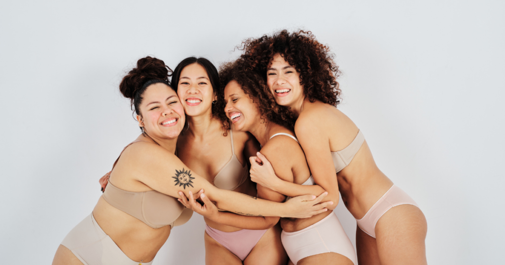 body liberation, diverse bodies, four women happy